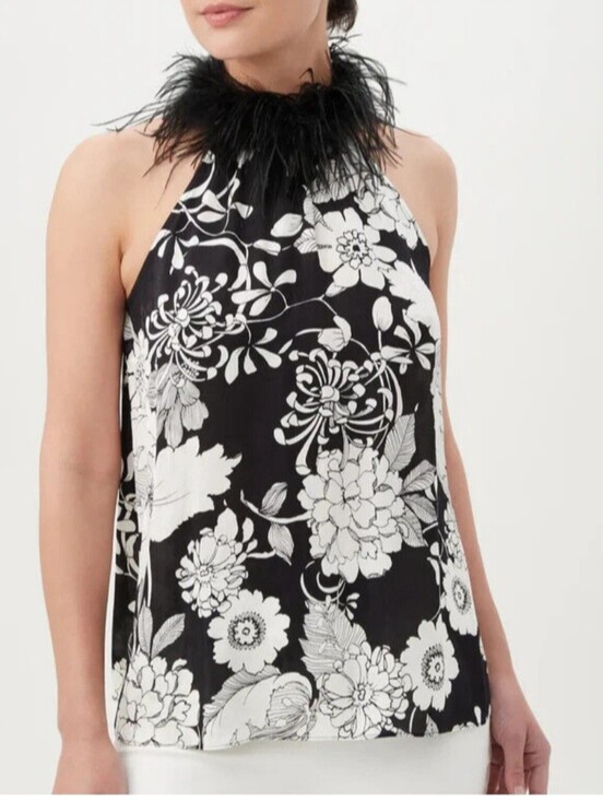 Trina Turk Tops - Trina Turk Feather-Trim Halter Floral Tank Top - Black & White Size Small